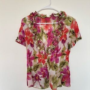 Sunny Leigh Floral Ruffle Blouse - Pink and Green